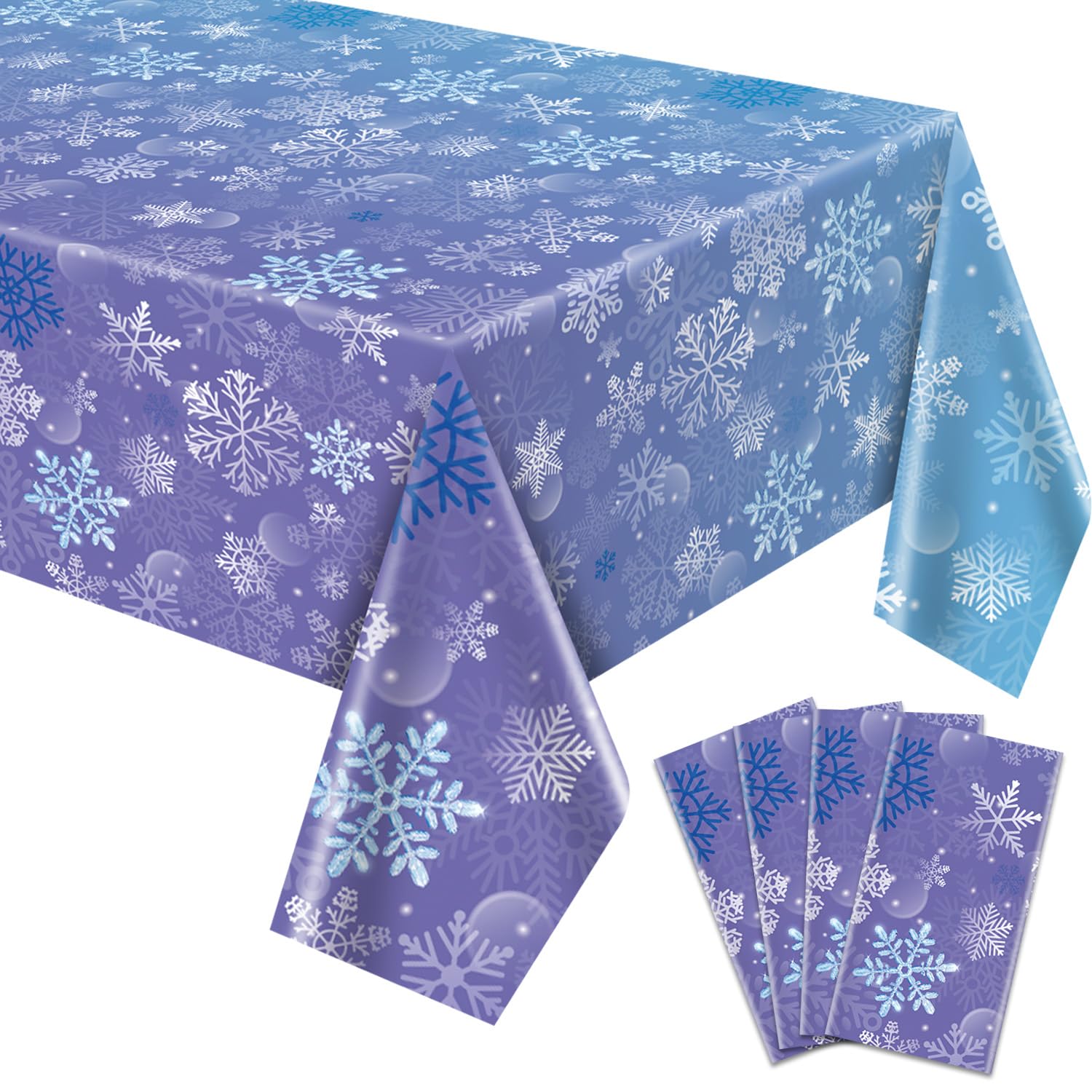 Photo 1 of QUERICKY 4 Pack Winter Snowflake Tablecloths, 87x51'' Plastic Blue Purple Snowflake Table Cover Winter Wonderland Birthday Backdrop Decorations for Girls Princess Party Christmas Winter Holiday Party