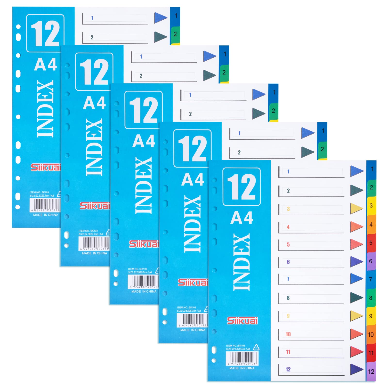 12-Tab A4 Plastic Binder Dividers, Multicolor Index Tabs, Reinforced 11-Hole Fits Most 2/3/4 Ring Binder, Number Tabs Binder Dividers, 5 Set