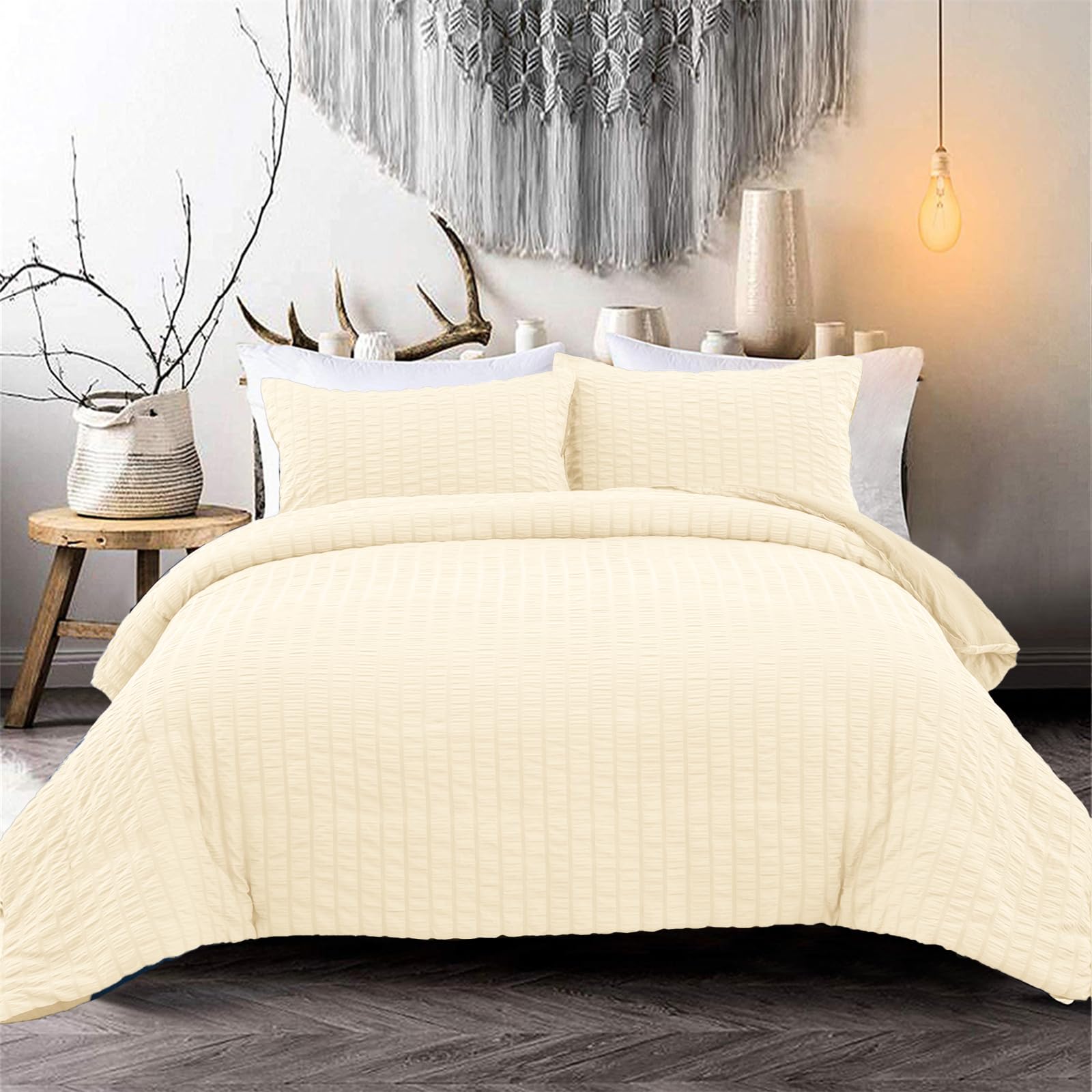 Cream Yellow Seersucker Duvet Cover Seersucker Bedding Set,2 Pillowcases with Zipper Closure,Soft Microfibre,Double Size 200×200cm