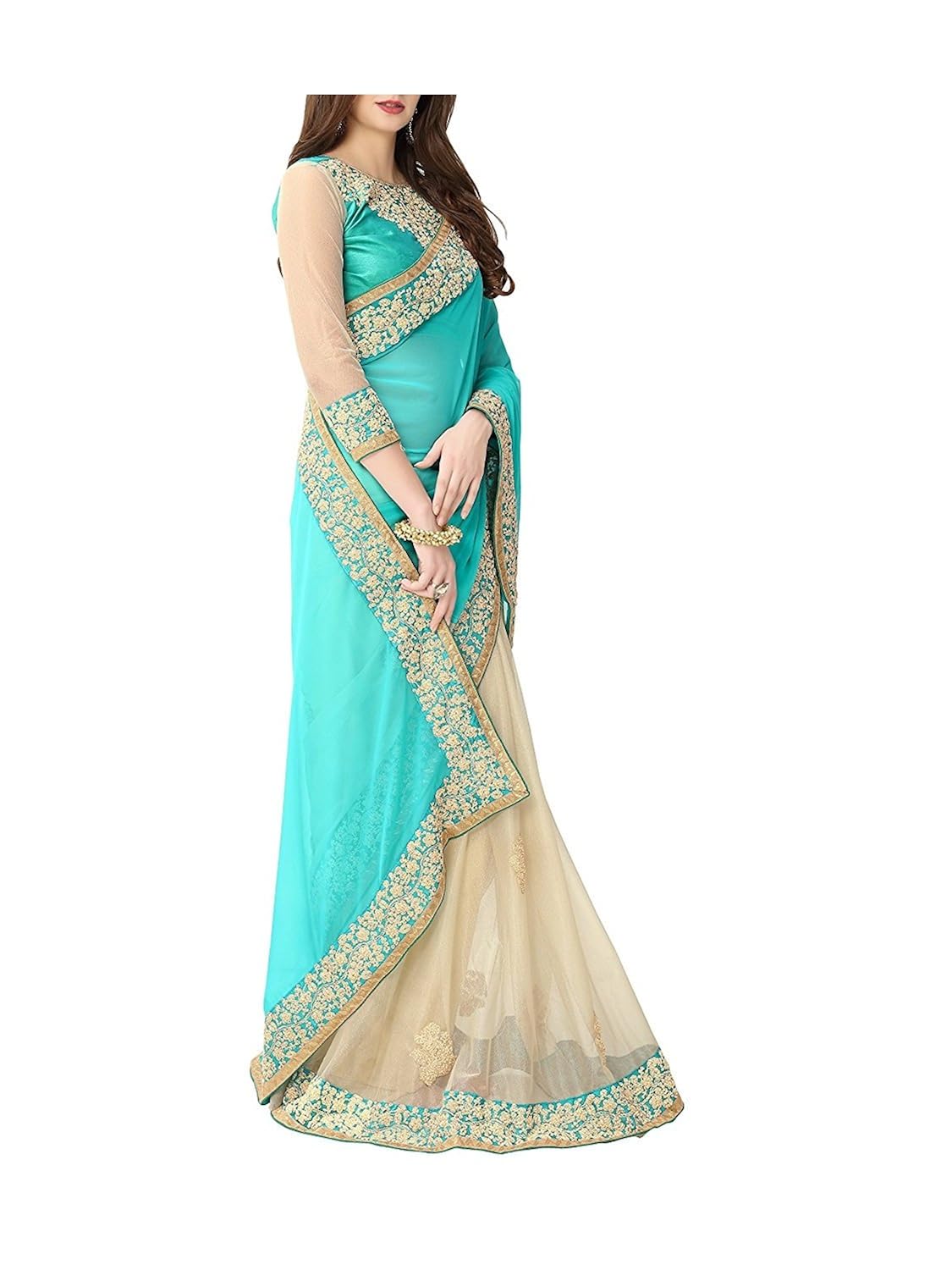 kuber enterprise women blue lycra sari with blouse piece (ku1060).