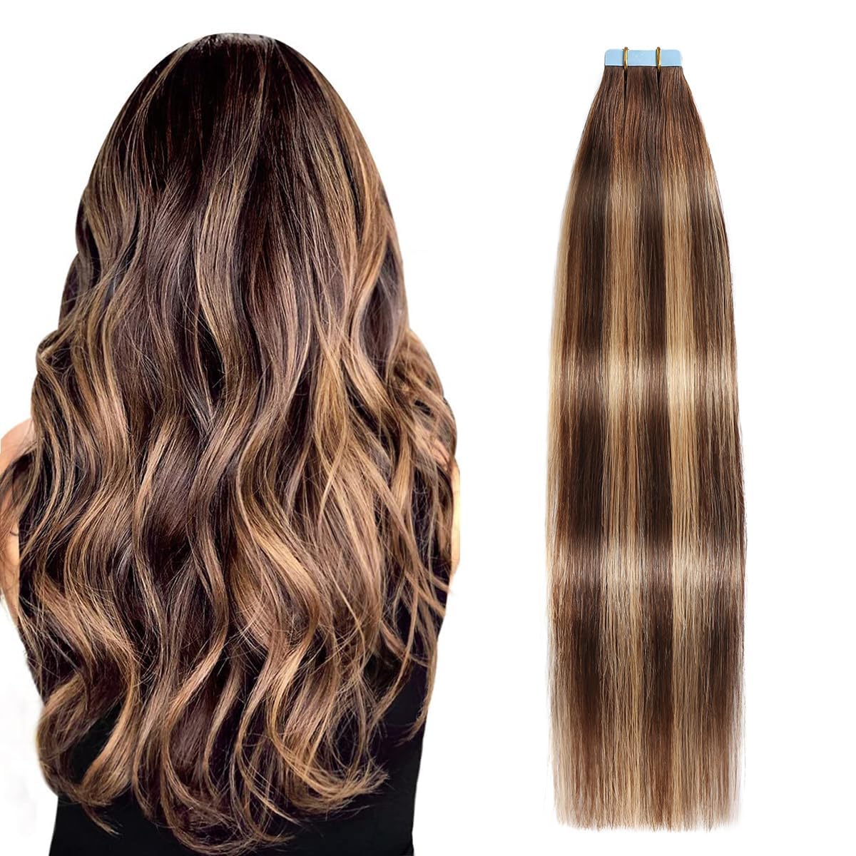 SUYYA Tape in Hair Extensions Human Hair 20 Pcs 50g Invisible Tape Hair Extensions Straight Tape Extensions Real Human Hair 18 Inches #P4/27/T4 Ombre Chocolate Brown to Caramel Blonde