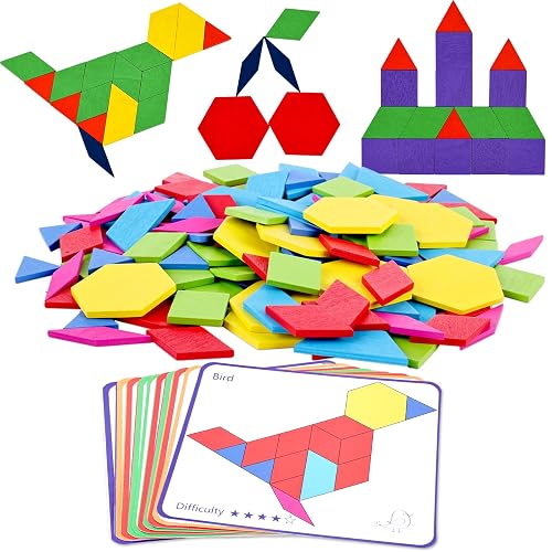 MCPINKY 150PCS Wooden Pattern Blocks, Geometric Shapes Blocks Tangram ...
