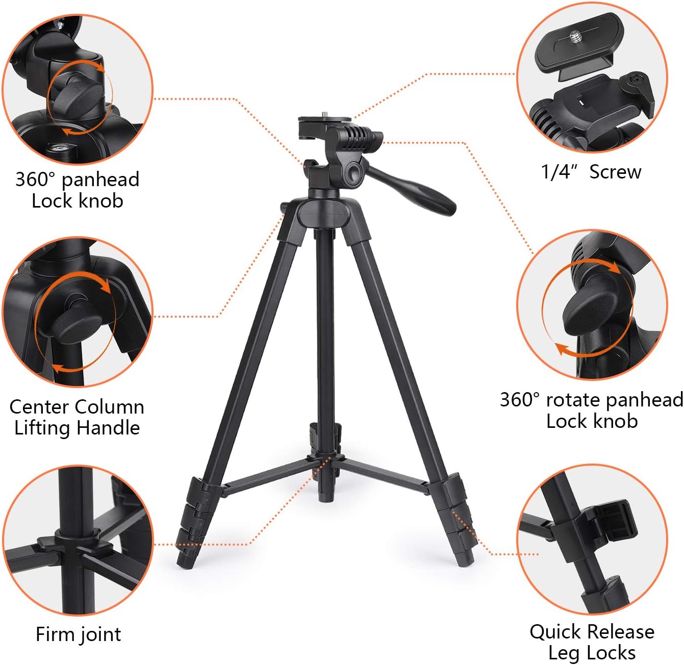 PHOPIK Lightweight Phone Tripod 55-Inch, Video Tripod with 360 Panorama and 1/4” Mounting Screw for Mirrorless/Gopro/DSLR Camera, Phone Holder for Smartphone, Max Load 6.6 Lbs, Carry Bag Inclued. : Camera & Photo