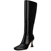 DOEYG Black Leather Knee High Boots for Women Kitten Heel Tall Boots Square Toe Stiletto Heels Heeled Boots Dressy Fashion Long Boots with Side Zipper