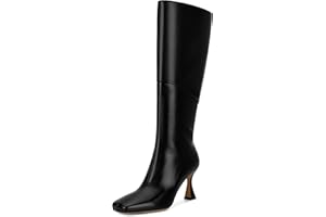 DOEYG Black Leather Knee High Boots for Women Kitten Heel Tall Boots Square Toe Stiletto Heels Heeled Boots Dressy Fashion Long Boots with Side Zipper