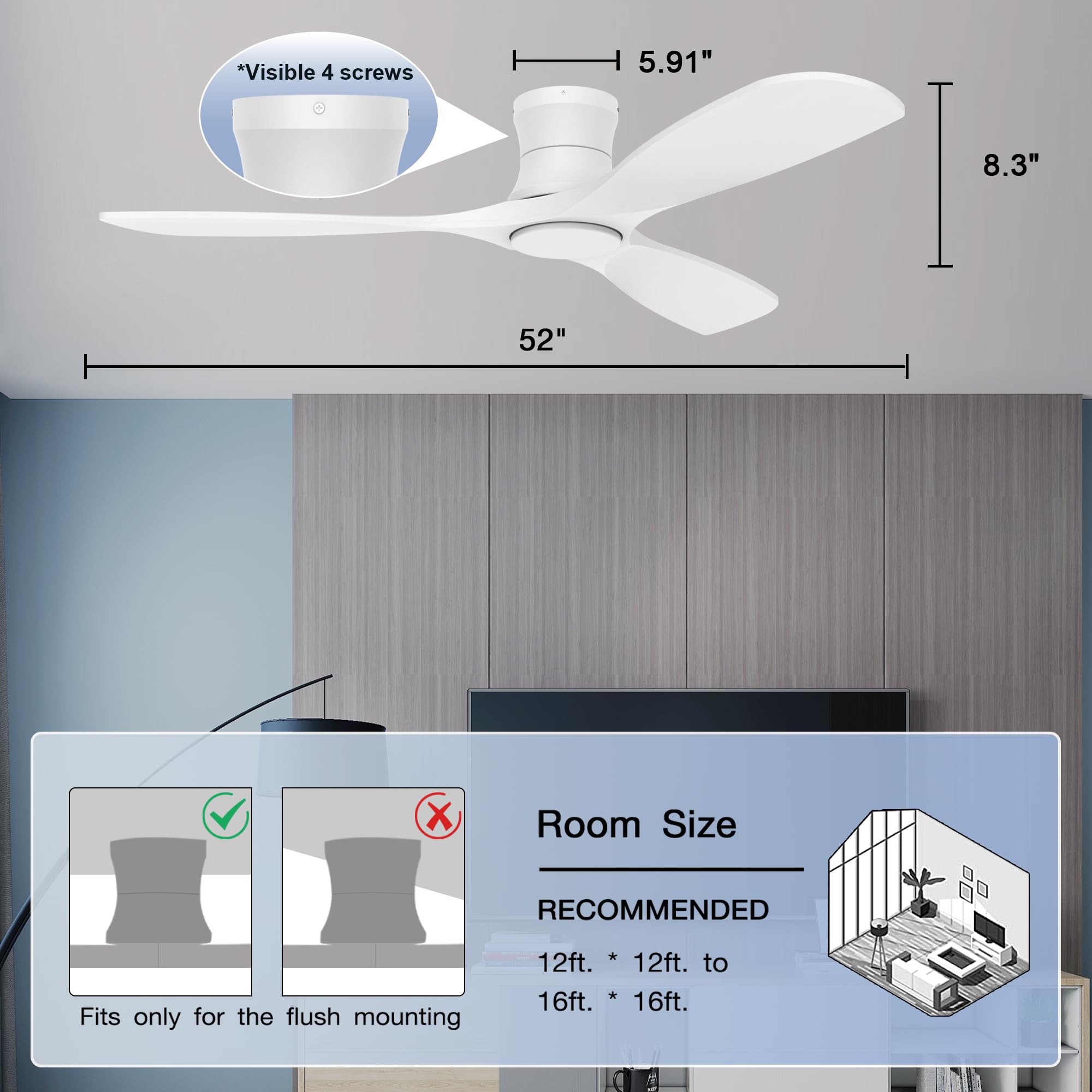 52in Smart Low Profile Ceiling Fans with Lights Remote,Quiet DC Motor,Outdoor Indoor Flush Mount Ceiling Fan,Control with WIFI Alexa App,Dimmable,6-speed,3 White Wood blades,for Modern Bedroom Patio