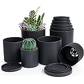 D'vine Dev Pack of 10 Plastic Plant Pots (2 Set of 6 Inch, 5.5 Inch, 5 Inch, 4.5 Inch, 4 Inch) Small Planter Pots for Plant with Drainage Holes and Saucers, Black, 74-R-B
