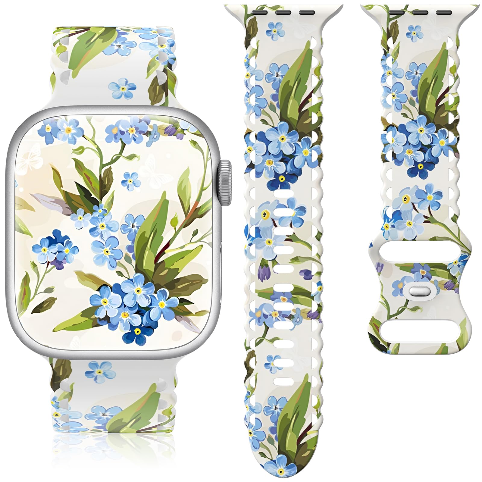 Floral Band Compatible with Apple Watch Band 38mm 40mm 41mm 42mm 44mm 45mm 46mm 49mm Women, Cute Flower Print Pattern Soft Lace Silicone Strap for iWatch Band Series Ultra 10 9 8 7 SE 6 5 4 3 2 1