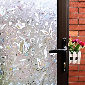 Mikomer Tulip Decorative Window Film,No Glue Frosted Privacy Film,Stained Glass Door Film,Reflective Static Cling Heat Control Anti UV Window Decoration for Home and Office,23.6 inches by 118 inches