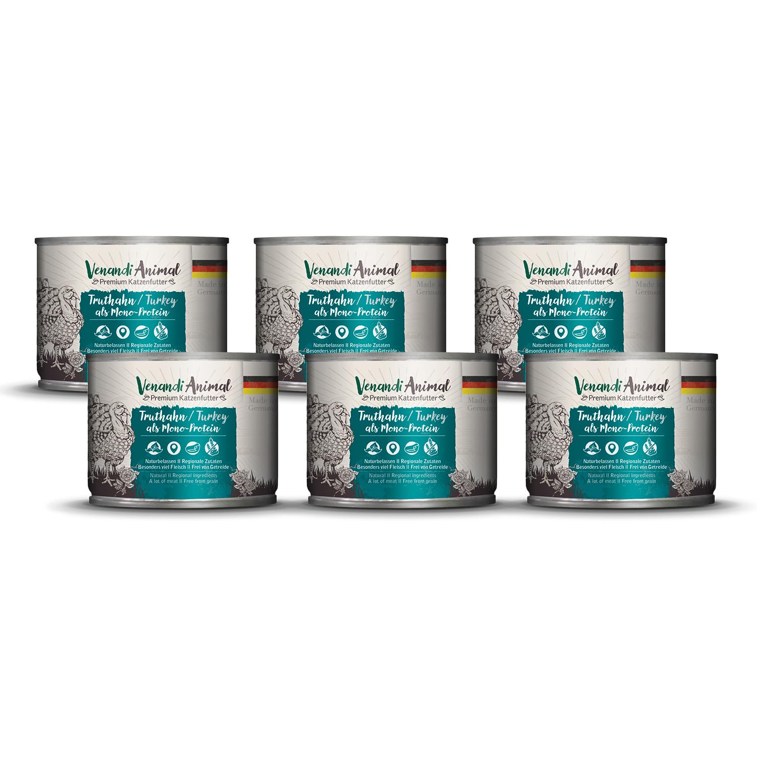 Venandi Animal Premium Cat Food, Turkey as Monoprotein, Wet Food, Grain-Free and Natural, Pack of 6 (6 x 200 g)