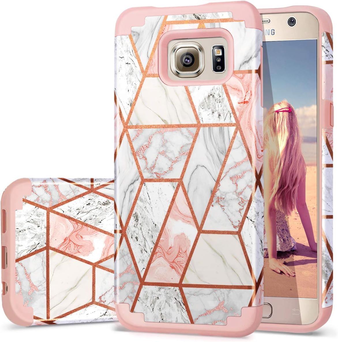 Fingic Samsung Galaxy S6 Case Rose Gold Marble Design Shiny Glitter Bumper Hybrid Hard PC Soft Rubber Silicone Cover Anti-Scratch Shockproof Protective Case for Galaxy S6 Case (2015) - Rose Gold