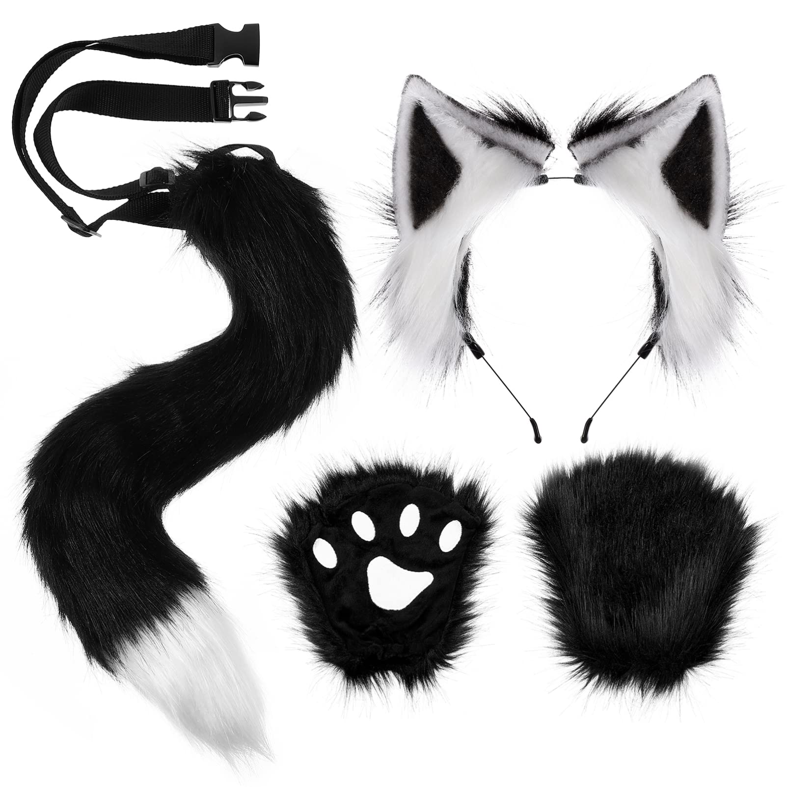 FRCOLOR Fox Ears Headband and Tail Set - Cosplay Costume for Women With Plush Ears, Tail, Collar, Paws - Halloween Fancy Dress