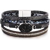 Boho Chunky Leather Wrap Bracelets Stackable Beaded Western Country Jewelry | Crystal Bead Trendy Layered Cuff Magnetic Clasp Stack Bohemian Statement Costume Outfits Cowgirl Fashion Hippie Accessories