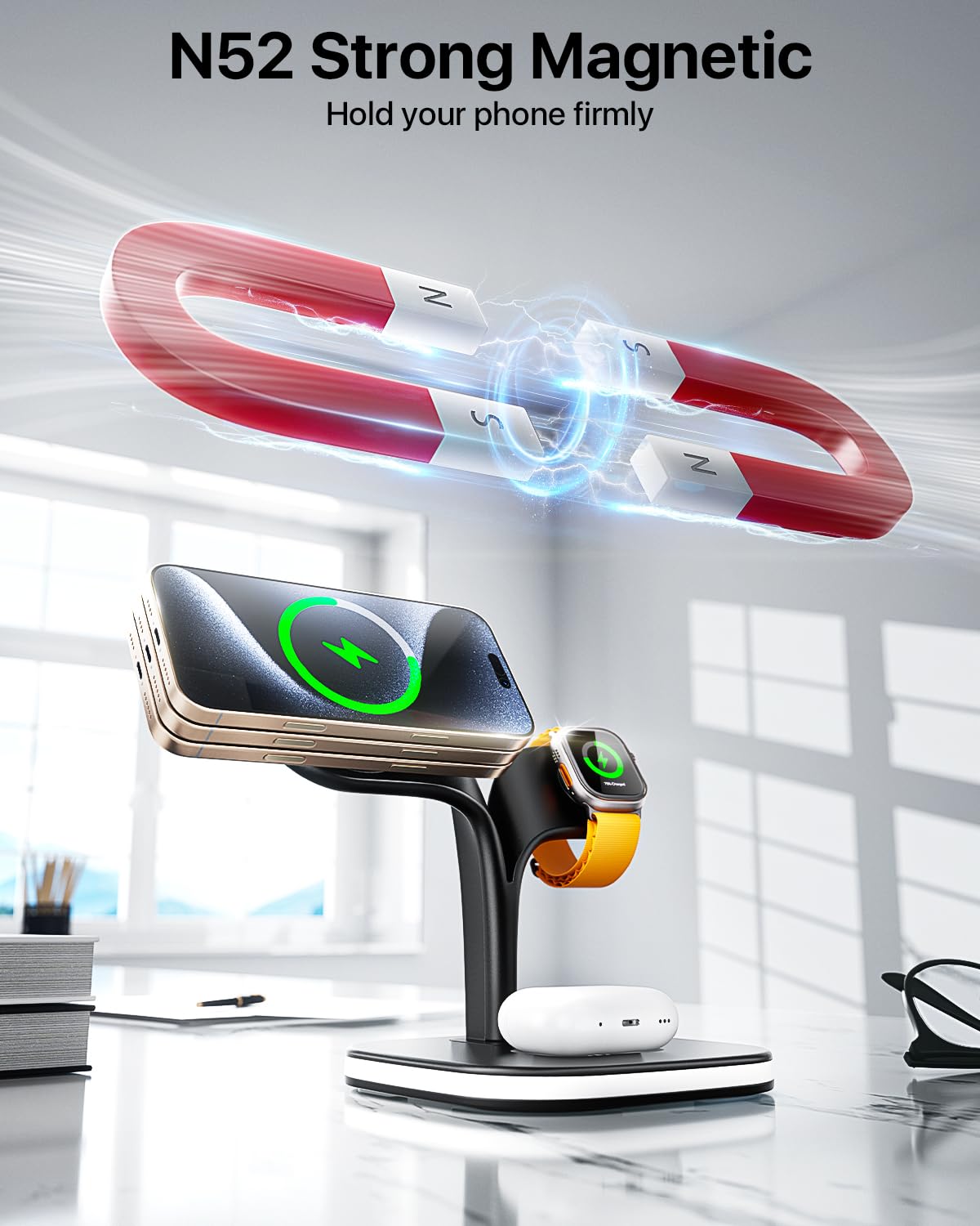 EXW Wireless Charging Station for Magsafe Charger,Charging Station for Multiple Devices,Wireless Charger for iPhone 17 Air 16 15 14 13 12 Series,Apple Watch Series 1-10,AirPods with LED and Adapter