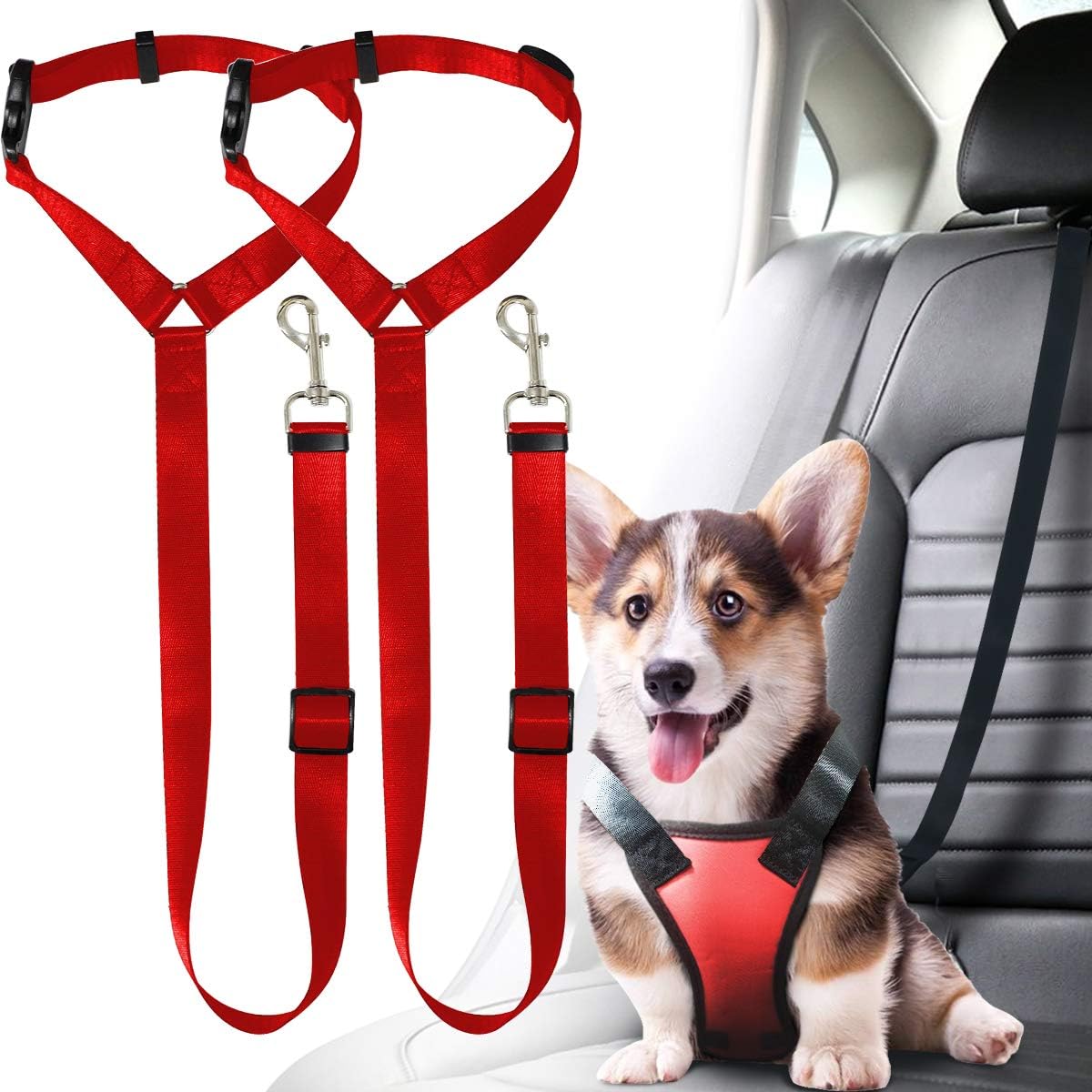 Musonic 2 Packs Dog Cat Safety Seat Belt Strap Car Headrest Restraint Adjustable Nylon Fabric Dog Restraints Vehicle Seatbelts Harness