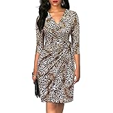 Berydress Women's Classic 3/4 Sleeve V Neck Sheath Casual Party Work Faux Black Wrap Dress