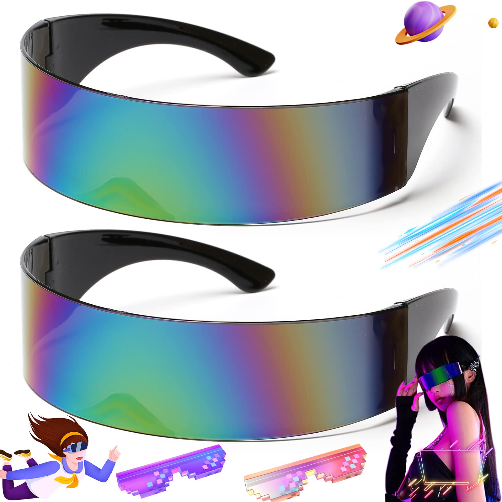 SoundZero 2-Piece Fast Glasses, Futuristic Cool Space Glasses for Role Play, Party, (Colourful)