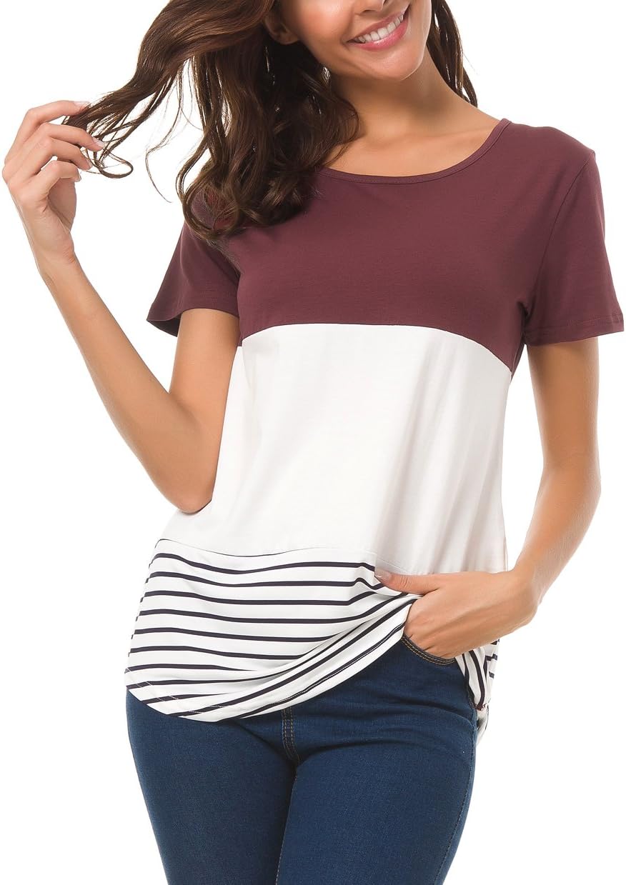Mounblun Short Sleeve Round Neck Triple Color Block Stripe T-Shirt Casual Blouse