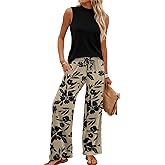 WIHOLL Two Piece Set for Women Summer Spring Outfits Cruise Travel Airport Beach Vacation Mock Neck Wide Leg Pants Set