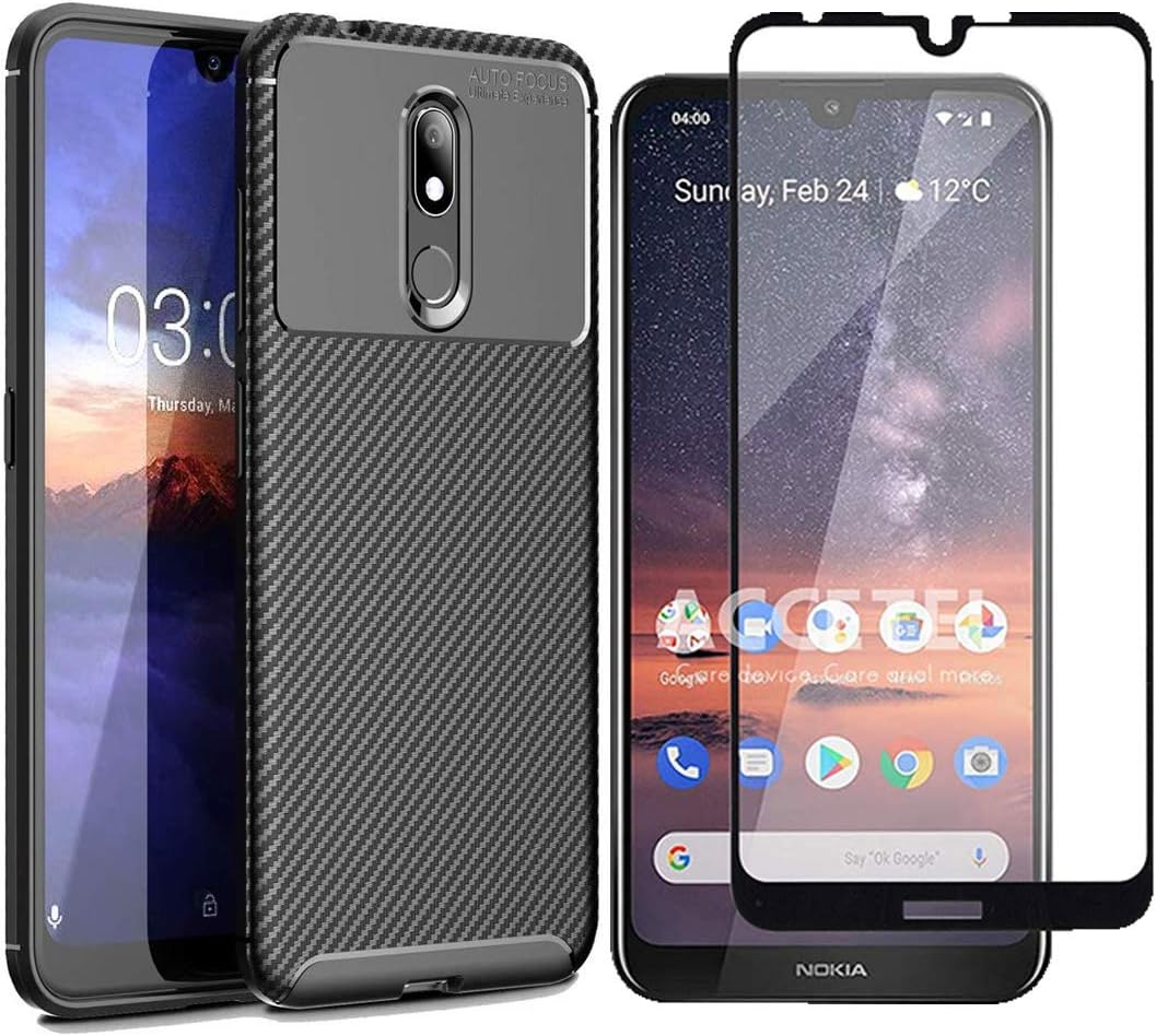 Abbeen Compatible Nokia 3.2 Case and Screen Protector, [Military Grade] Impact Resistant Carbon Fiber Anti-Drop TPU Soft Shell+[Full Screen Protector] for Nokia 3.2 Phone Case (Black)…