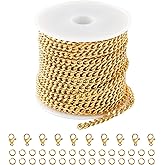 Kyutong 16.4 Feet Gold Plated Craft Chains for Jewelry Making Stainless Steel Curb Chain Roll for Women Men Necklace Bracelet DIY Supplies Findings