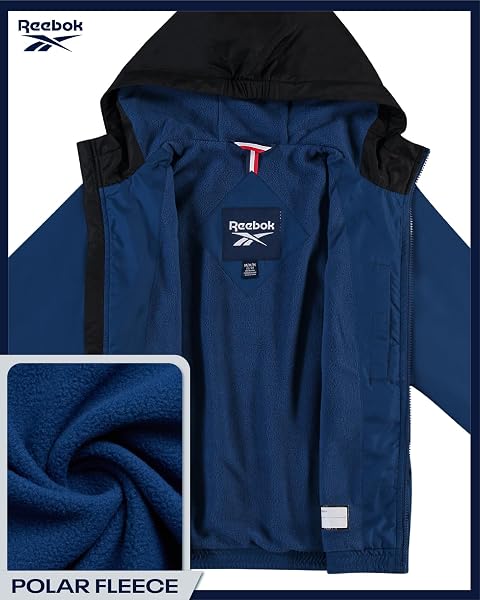 REEBOK BOYS WINDBREAKER JACKET – LIGHTWEIGHT POLAR FLEECE LINED WATER AND WIND RESISTANT HOODED ZIP UP JACKET FOR BOYS, SIZE 14-16, BATIK BLUE