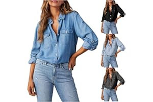 Denim Shirt Women, Western Shirts Shirts Casual Long Sleeve V Neck Chambray Blouse Top