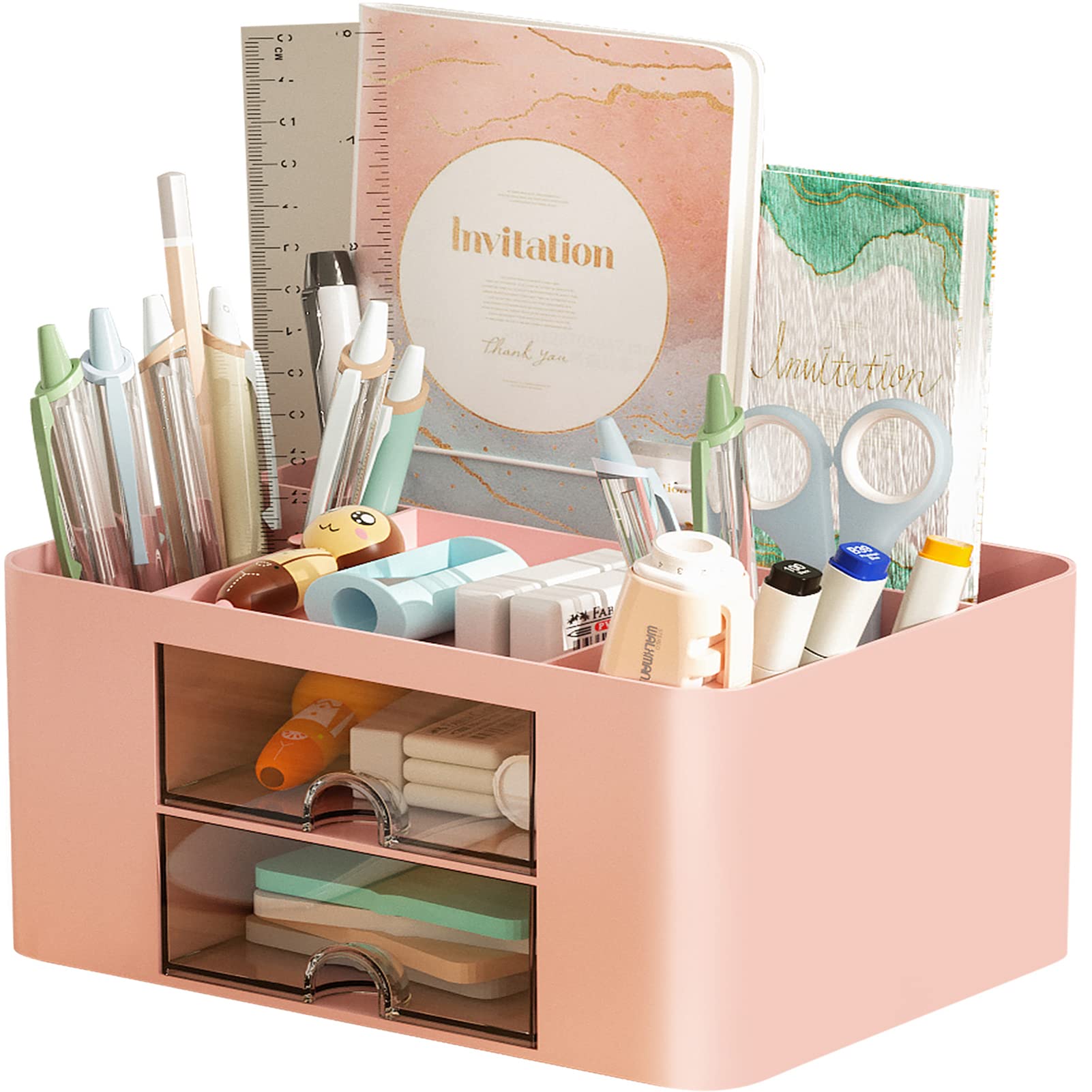 Photo 1 of Marbrasse Pen Organizer with 2 Drawer, Multi-Functional Pencil Holder for Desk, Desk Organizers and Accessories with 5 Compartments + Drawer for Office Art Supplies (Pink)