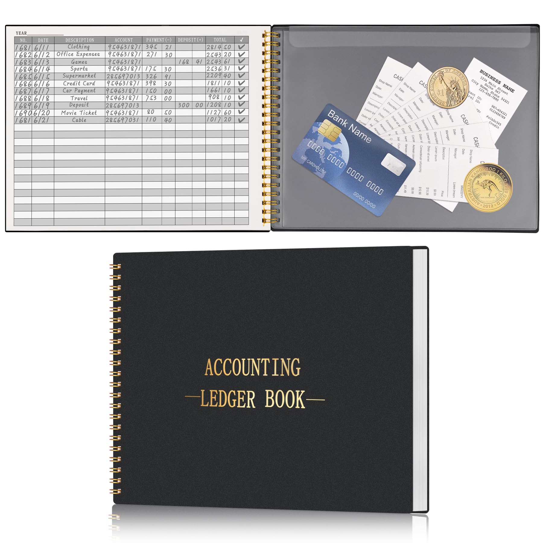 HAUTOCO Accounts Book for Finance Bookkeeping, Accounting Ledger Book for Small Businesses and Home Budget Tracking, Income and Expense Log Book - 257 x 200 mm (Black)