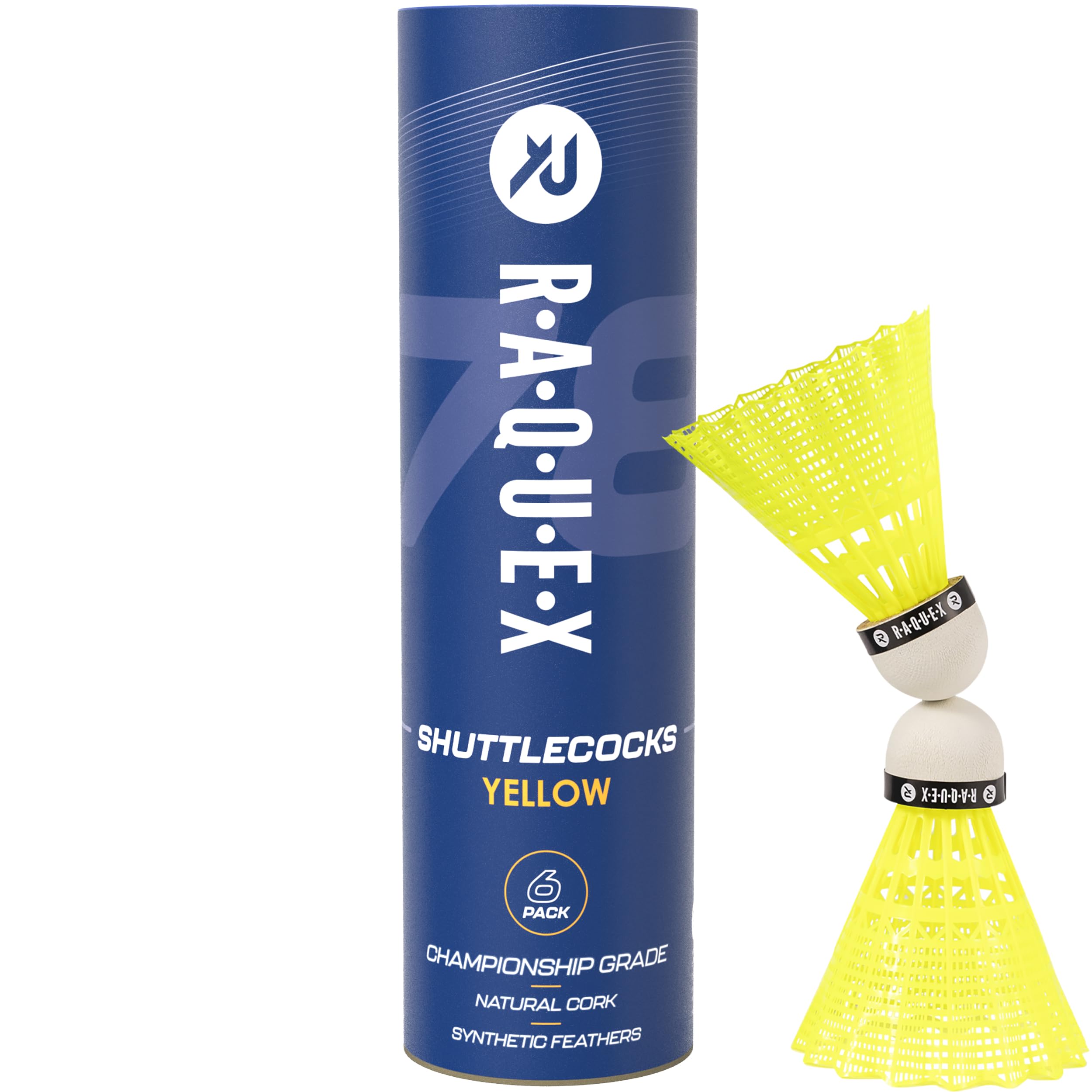 Raquex Badminton Shuttlecocks - Yellow/White, Tube of 6 - All Natural Cork Shuttlecocks, Nylon Feathers - Three Speed Options – Indoor Outdoor Durable Badminton Shuttles (78, Yellow)
