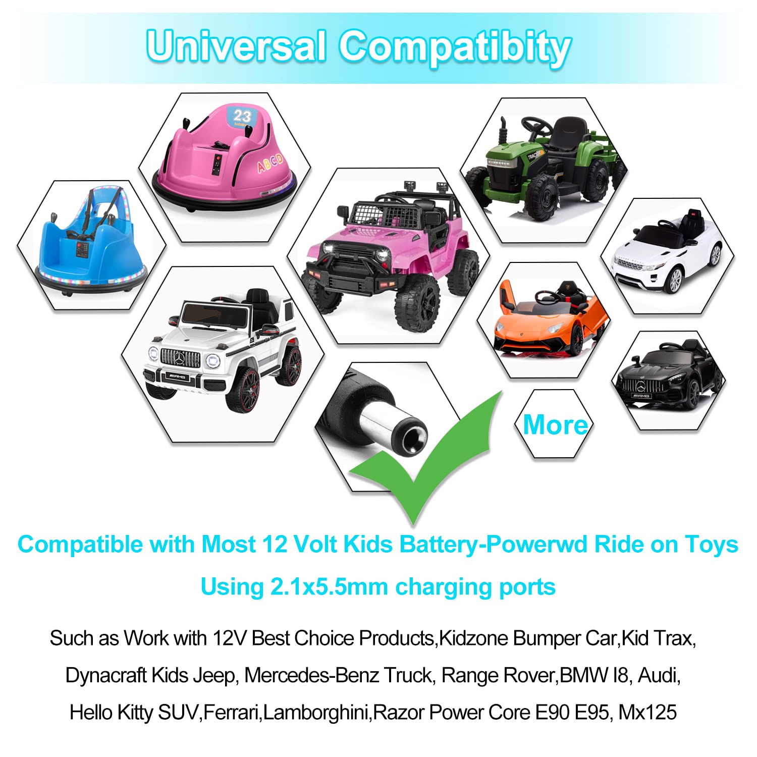 FLHFULIHUA 12 Volt Battery Charger for Kids Ride on Toys - Universal Charger for Best Choice Products Wrangler SUV，Kid Trax Dynacraft ，Kidzone Bumper, ETL Listed