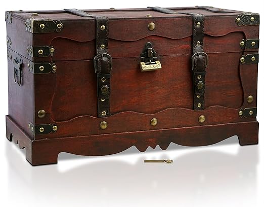 Schatztruhe groß mit Schloss 50x25x28cm Koffertruhe Holztruhe Schatzkiste Vintage-Look Piraten Schatzsuche Holz massiv braun 