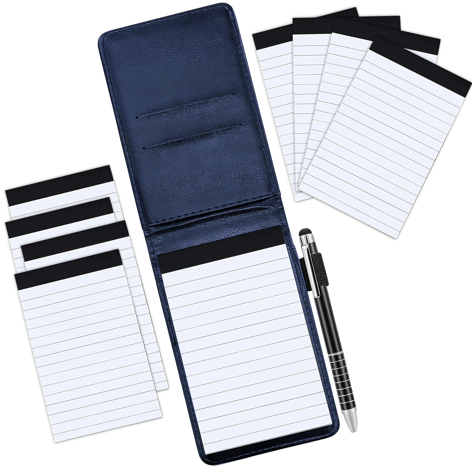 Elezeal Soft Leather A7 Notebook Pocket Refill Notepad Holder Set, Small Memo Note Pad, 8 Pcs 40 Sheets Lined 3" x 5" Refills Memo Book Steno Notebooks, 1 x Black ink Pen (Blue-10 pack)
