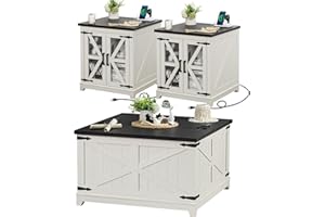 JOAXSWE Farmhouse Coffee Table Sets 3 Pieces, Large End Side Tables with Charging Station and Coffee Table with Hidden Storage Compartment, White Living Room Table Set, Wood Furniture Sets for Home Office