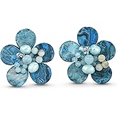 AeraVida Cute Tropical Flower Clip-On Earrings Handmade Elegant Jewelry Blue Jasper Aquamarine Crystal Pearl Statement Clip-On Earrings for Women
