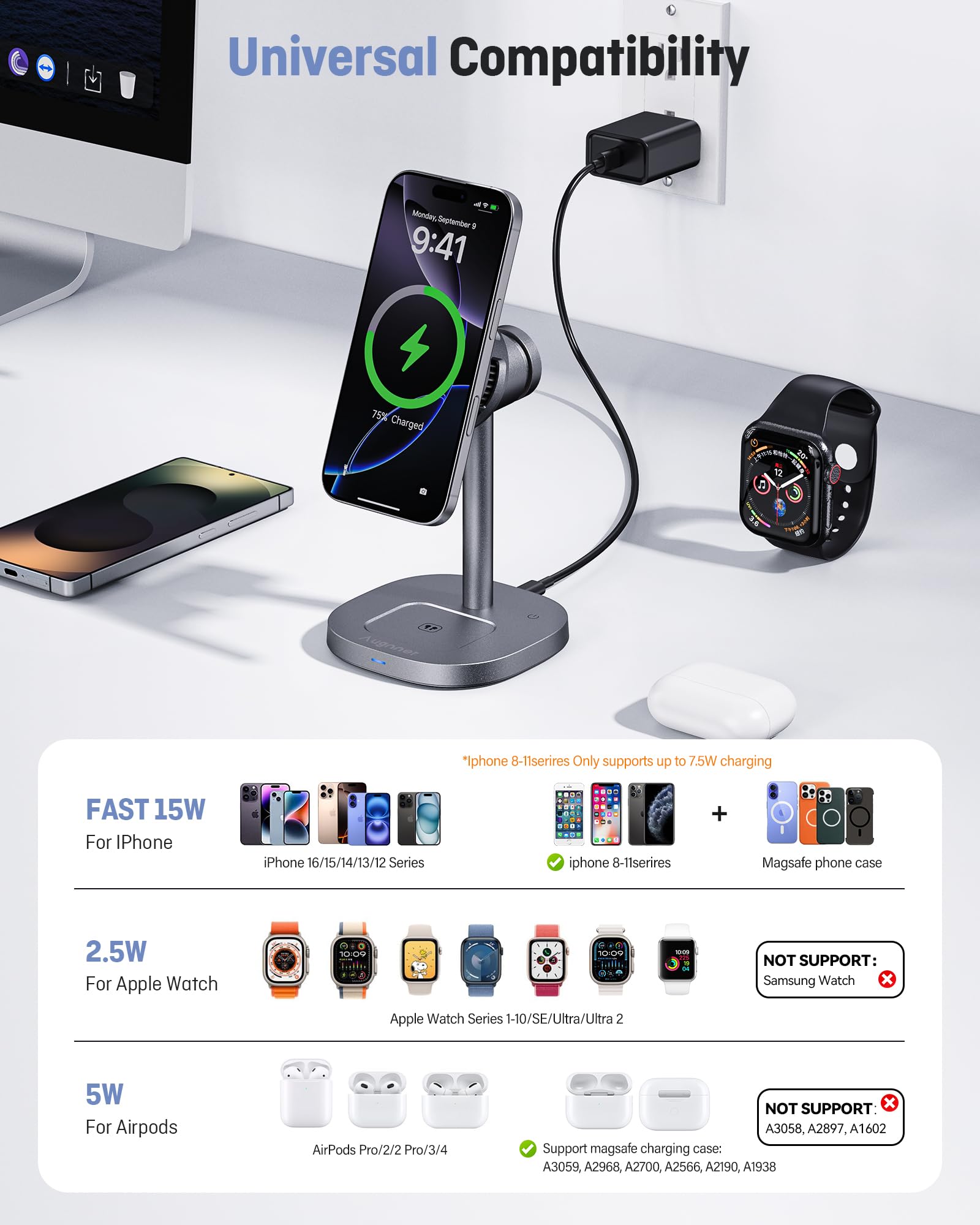 2025 New Magnetic Wireless Charger Stand with Active Cooling Fan, 15W Qi2-Certified 3 in 1 Charging Station for Apple Charger Stand, Wireless Charger for iPhone16/15/14/13/12, Apple Watch, AirPods