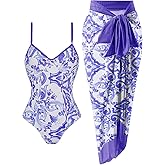 Women's One Piece Swimsuit with Beach Cover Up Retro Floral Print Bathing Suits with Coverup Set Sarong Wrap Swim Suit 1 Piece Swimwear Set with Matching Skirt Blue White Floral X-Large