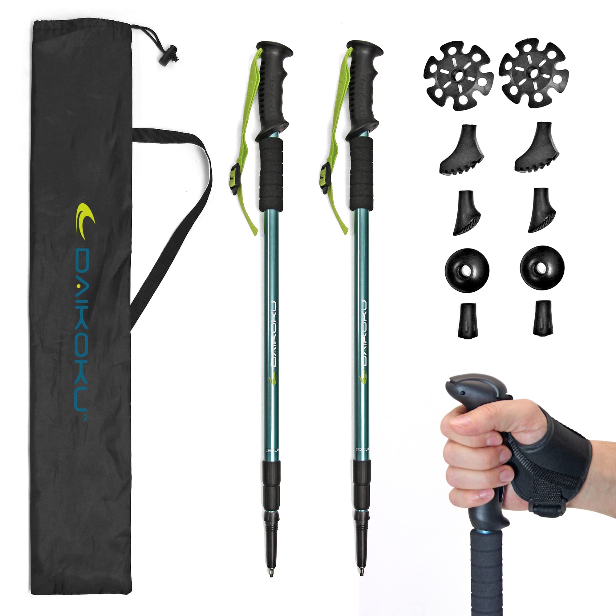 Daikoku. Trekking Poles. 2 Extendable Trekking Poles for Walking. Adjustable 65cm-135cm Resistant Aluminium, Ergonomic Grip, with 6 Tips. Gift Backpack Trail Daikoku