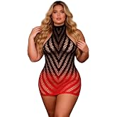 ohyeah Plus Size Fishnet Lingerie Dress Halter Backless Mini Dress,XS-2XL | Rave Outfits,High Stretchy,Sexy See Through Chemise,Women Gradient Black Red,V Pattern,for Night Club,Boudoir