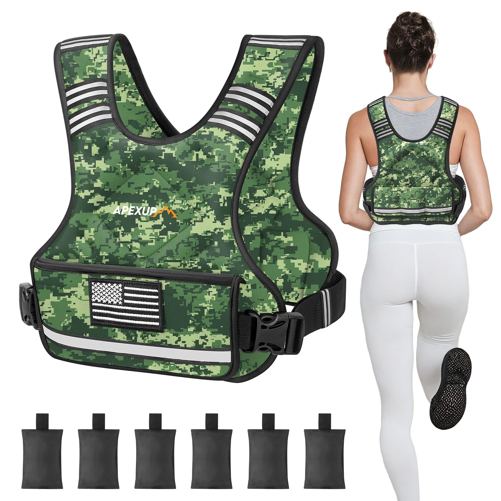 APEXUP Adjustable Weighted Vest, 4-10lb/12-18lb/20-32lb Vest with 6 Ironsand Weights and Large Pocket, Weight Vest for Men Women Strength Training, Running, Walking (4-10lb, Green Digi Camo) Image