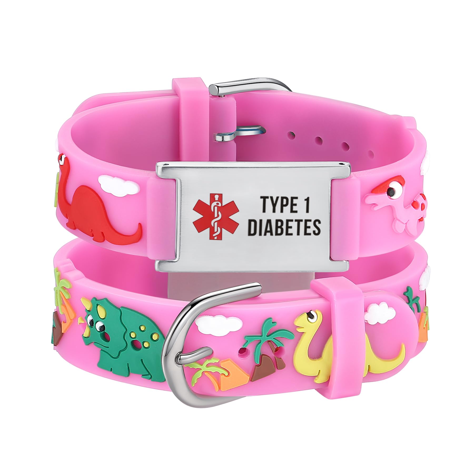 LinnaLove Cartoon Medical Alert id Bracelets Parents Gift to Son, Daughter, Brother, Sister(DINOSAUR-Pink-Type 1 diabetes) — image 1