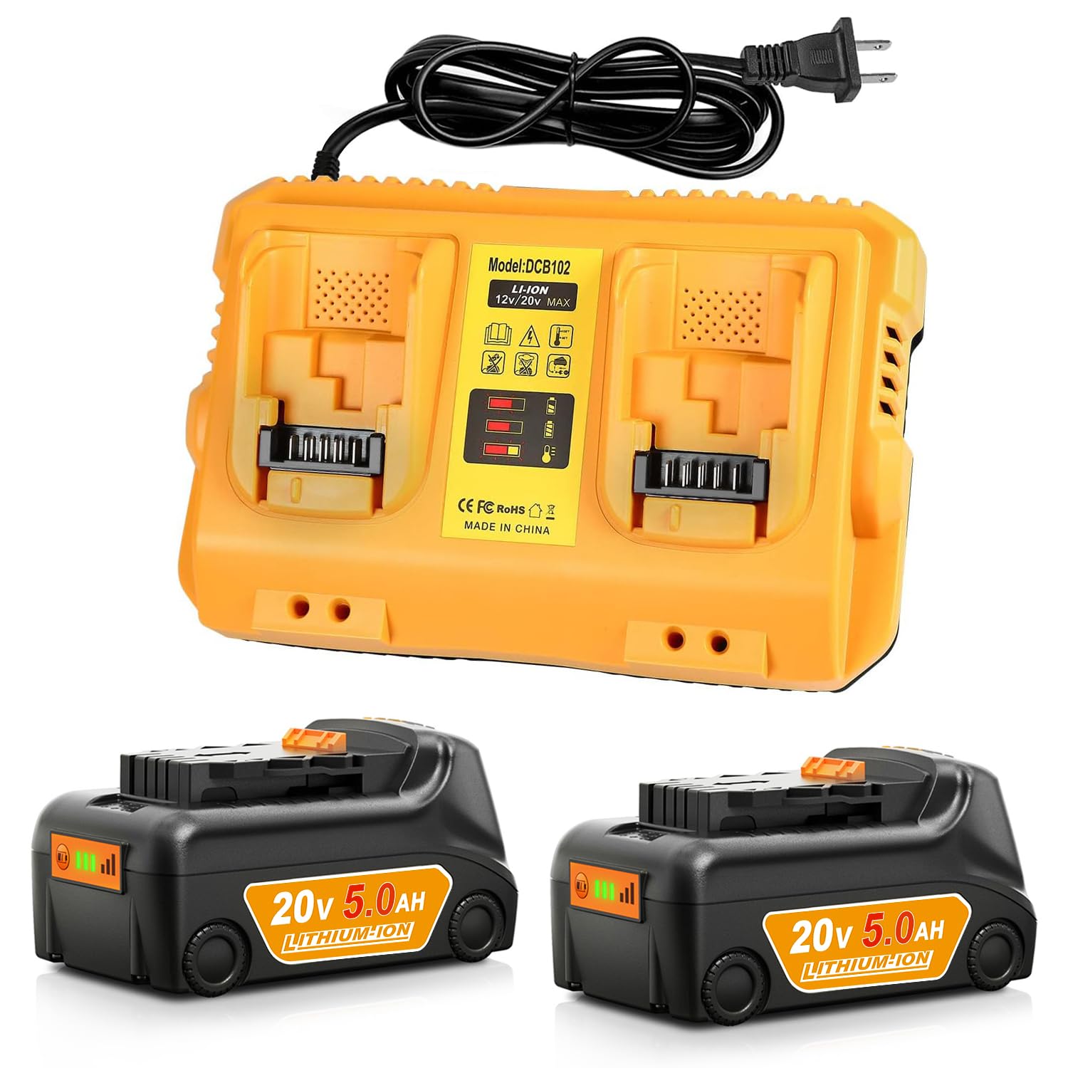 Photo 1 of **FACTORY SEALED** 2Pack 5.0Ah Replacement for Dewalt 20V Battery with DCB102 Dual Port Charger