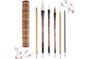 MARSPARK 6 Pieces Chinese Calligraphy Brushes Painting Writing Calligraphy Brushes Watercolor Brushes Set Kanji Japanese Sumi Painting Drawing Brushes Kanji Art Brushes with Roll-up Brush Holder