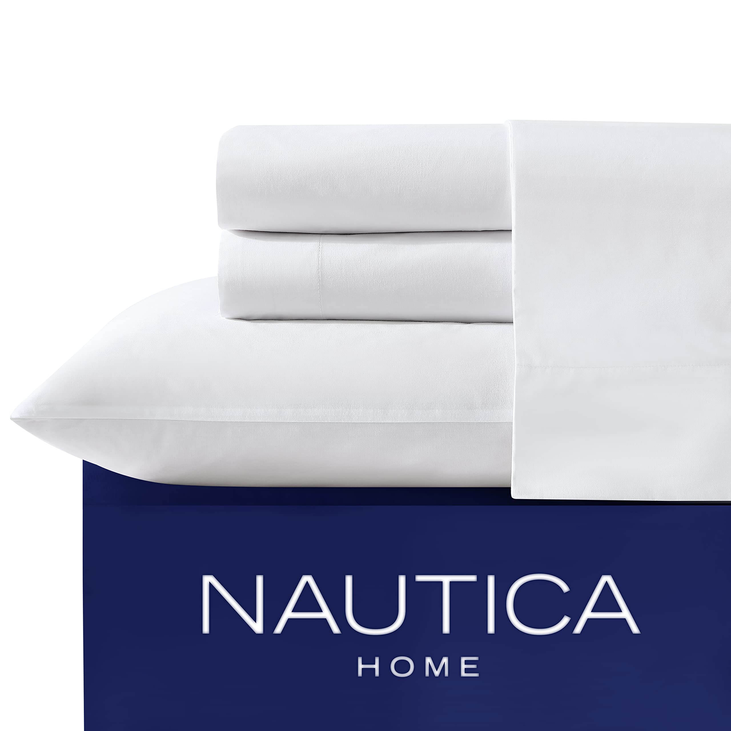 Nautica - Twin XL Sheet Set, Cotton Percale Bedding Set, Crisp & Cool, Dorm Room Essentials (White, Twin XL)