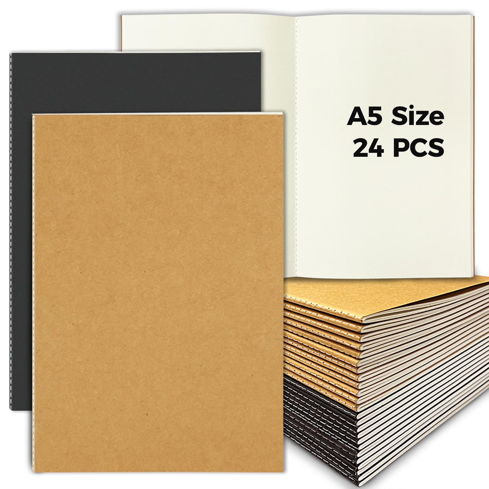 DWIYITTN 24 Pack Blank Notebook A5, Plain Paper Notebook Multipack 21x14cm 60 Pages Kraft Soft Cover Notepad Bulk for Kids Students Travelers Home & Office （Black & Brown）