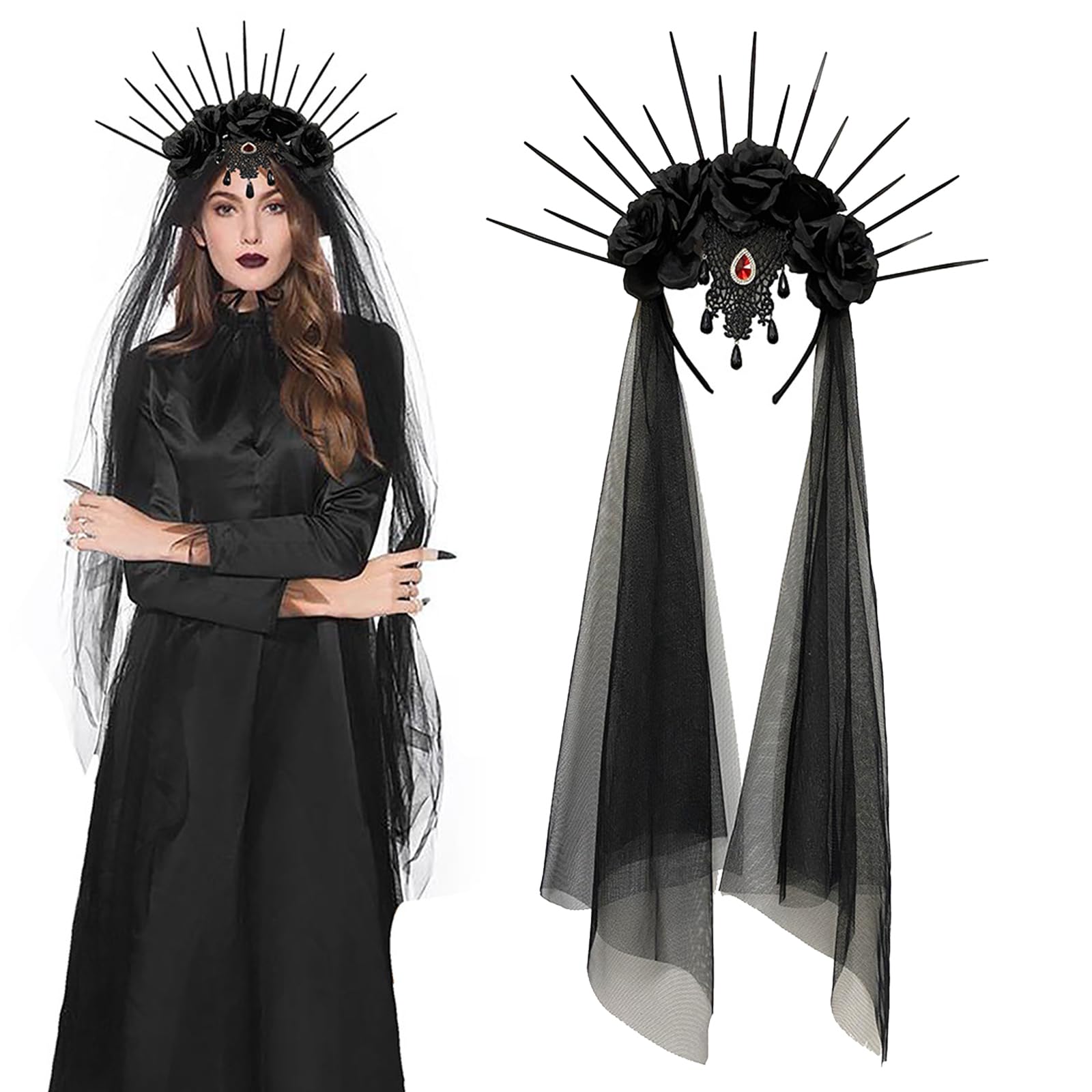 Gothic Flower Headband Black Veil Ghost Bride Fancy Dress Rose Flower Crown Hairband Long Veil Cosplay Wedding Headpiece Fascinator Headwear Halloween Costume Floral Hair Accessories for Women