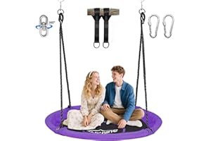 Hishine 43" Saucer Tree Swing for Kids, 360° Rotate Waterproof Flying Saucer with Swivel, Hanging Straps, Adjustable Ropes, Round Mat Spinner Swing Set (Purple)