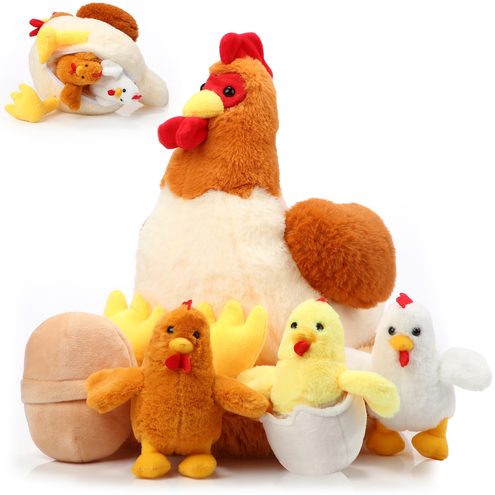 Skylety 6 Pcs Easter Chicken Stuffed Animal with Baby Chicks Inside Chicken Plush Toy for Kids Easter Stuffed Animal Egg Laying Hen with Zippered Belly Farm Plushie for Birthday Gift(Cute Style) — image 1
