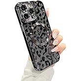 ZONRW for iPhone 14 Pro Max Case Magnetic,Soft Cute Luxury Leopard Cheetah Pattern Plating Glitter Bling Phone Case Compatible with MagSafe Clear Shockproof Back Cover for Women Girl 6.7"-Black