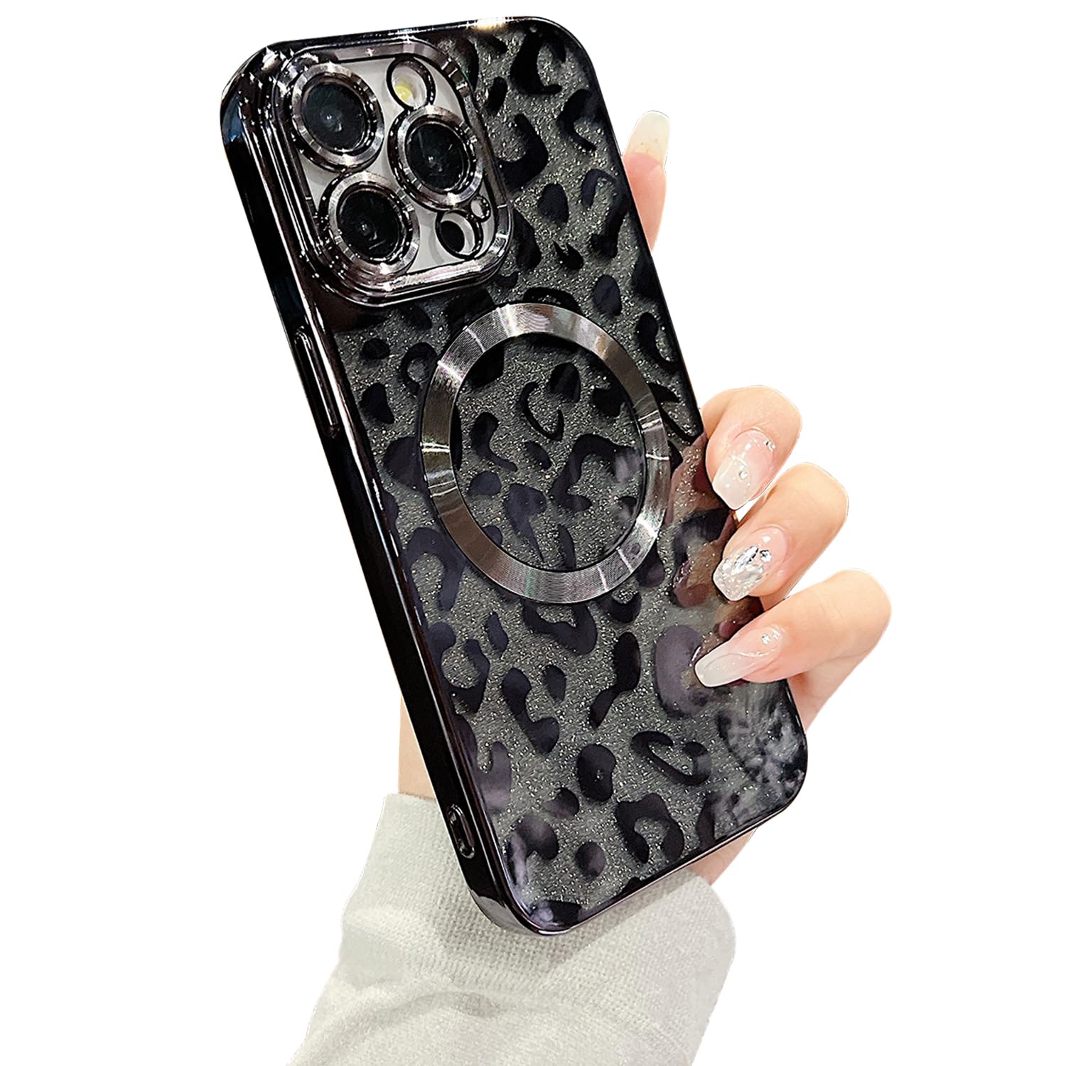 ZONRW for iPhone 12 Pro Max Case Magnetic,Soft Cute Luxury Leopard Cheetah Pattern Plating Glitter Bling Phone Case Compatible with MagSafe Clear Shockproof Back Cover for Women Girl 6.7"-Black